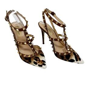 Valentino Garavani Rockstud Leopard Calf Hair Strappy Pumps Brown Gold 37